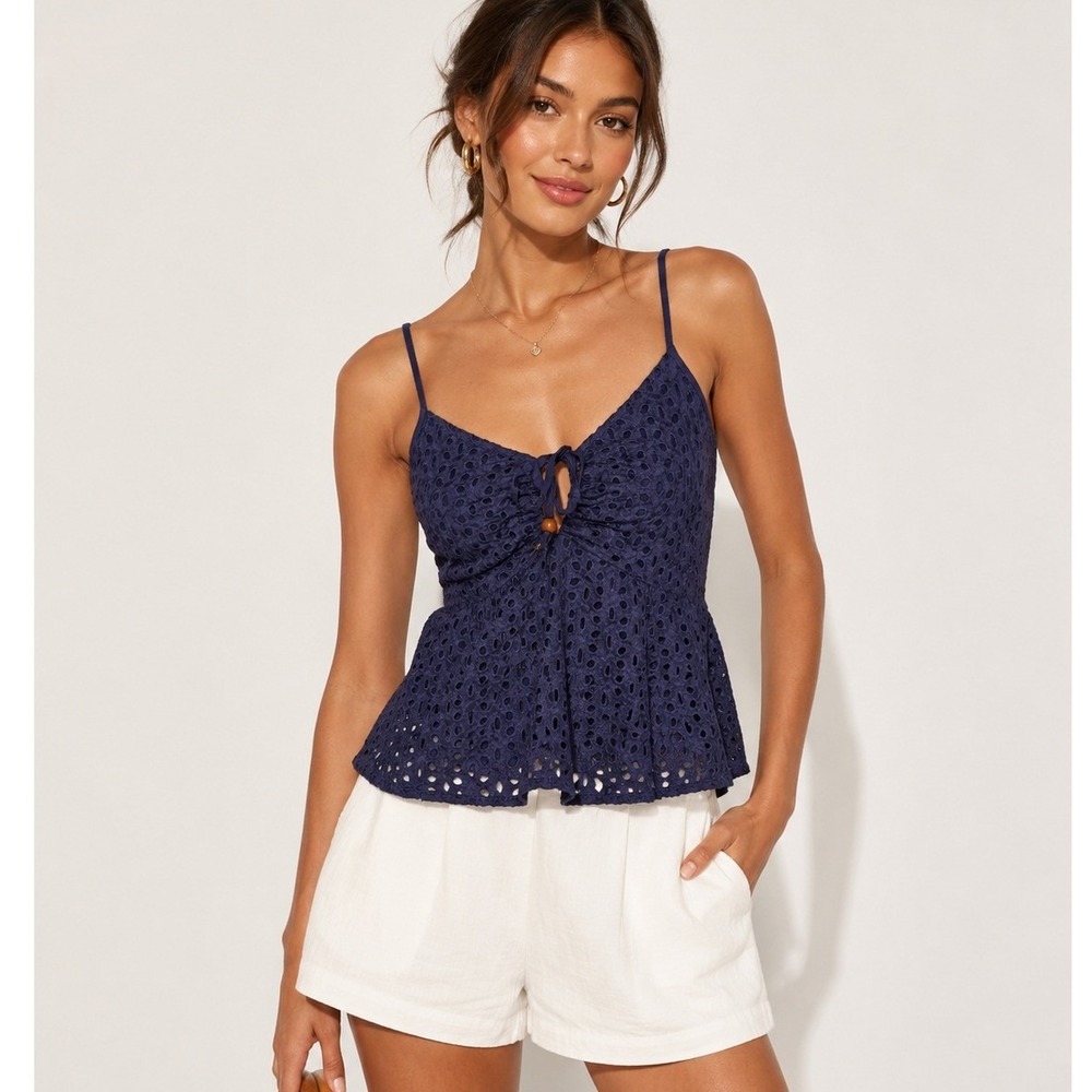 Japna Blue Eyelet Babydoll Cami Top Boho Cottagecore Size S